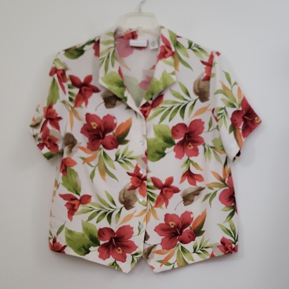 Alfred Dunner White, Red, Green Tropical Floral Button-Up Shirt Womens 16W